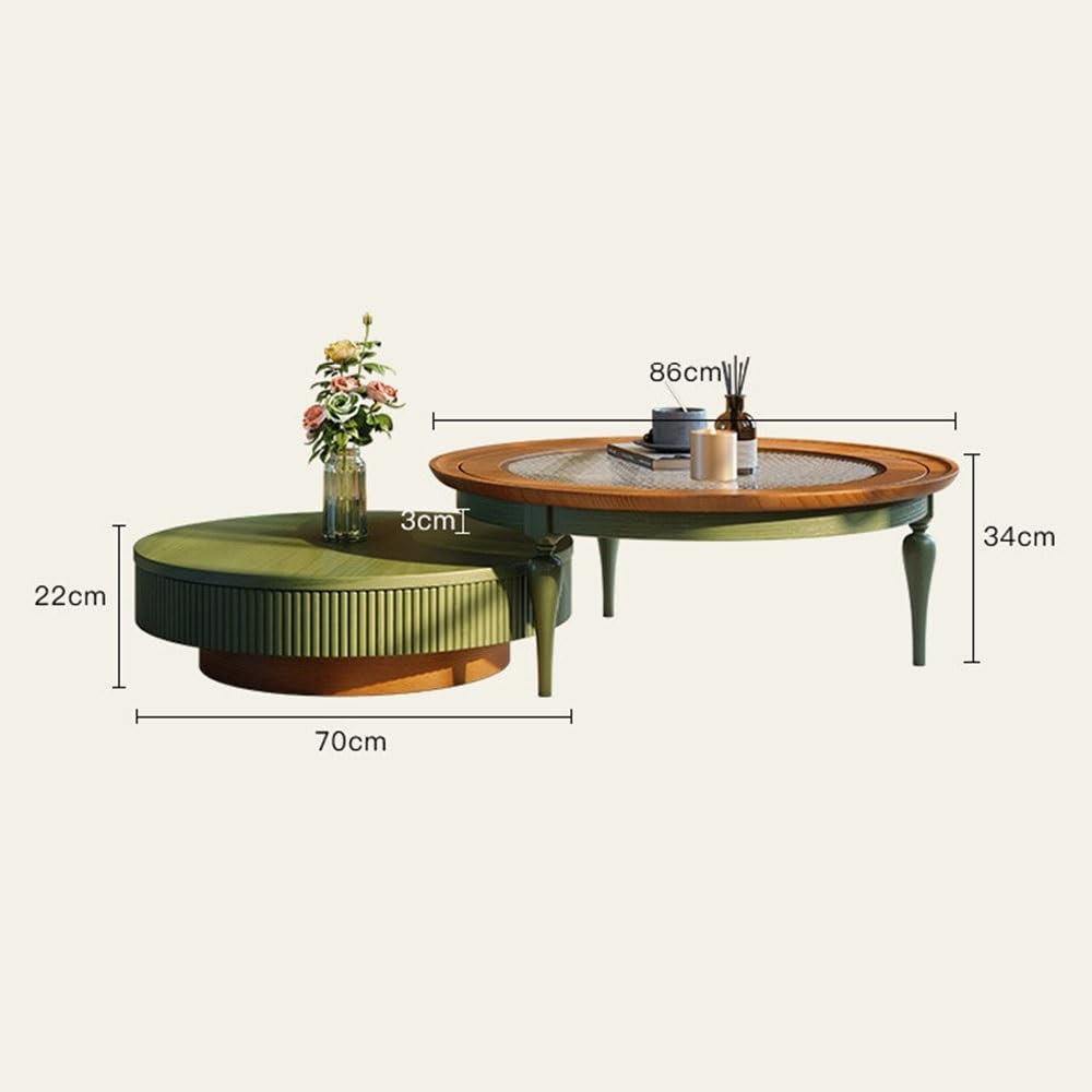 Table Basse Ensemble de Tables Basses Rondes imbriquées en Bois et Verre, 2 pièces avec tiroir, Salon