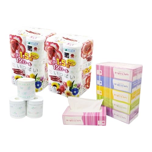 定期便 2ヵ月毎 全3回 長持ち 1.5倍巻き 花いっぱい トイレットペーパー ダブル 45m 24ロール & ブライティア ソフト ボックスティッシュ 200組 400枚 5箱 全18種 花柄 プリント 香り付き 日本製 まとめ買い 防災 常備品 消耗品 備蓄 北海道
