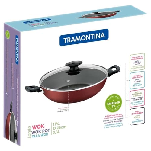 Panela Wok Aluminio, Loreto, Tramontina, Vermelho, 28 cm