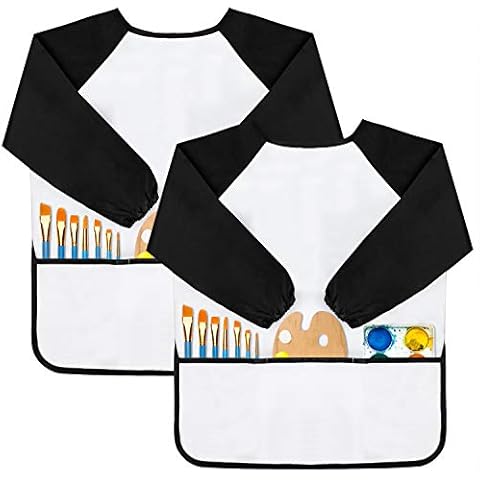 GODR7OY Kids Art Smocks, Painting Apron Artist Smock with Sleeve and 3 Pockets 2 Pack Black/White Set for Age 6-9 Years (Medium) Cover