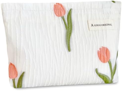 STARDW Aesthetic Floral Makeup Bag Cute Small Cosmetic Bags for Women Girls, Travel Toiletry Bag Large Capacity Zipper Makeup Pouch, Purse Organizer Pouches (Tulip White)