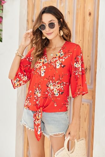 Womens Casual Tie Front Tops Floral Dolman Tops 3/4 Sleeve V Neck Loose Fitted Boho Summer Blouse Shirt4
