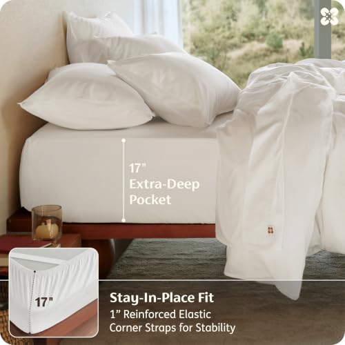 Image of Bedsure PureWoven 100% GOTS Certified Organic Cotton Sheets, Full Size 4PCS | Eco-Friendly, 16 inch Deep Pocket with Corner Straps, Luxury Hotel Soft, Breathable & Durable Sateen Bed Sheets, OEKO-Tex, White