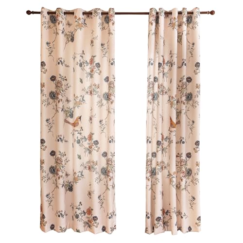 Image of ISAENNE Designer French Linen Printed Curtains,2 Panels,63 inchx65 inch-Cornucopi | Vintage Elegant Curtain with Grommets 63 inches long,Bird and Flowers Pattern Draps,kitchen Bedroom Living Room Window
