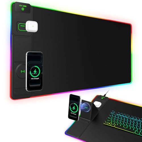 Image of XXL RGB LED Gaming Mouse Pad with Magnetic Wireless Charger & Foldable Phone Holder, 31.5 inchx15.8 inch Extended Ultra-Smooth Desk Mat, 25 Lighting Effects, Non-Slip Base