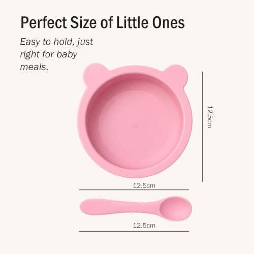 Image of Silicone Baby Feeding Bowl and Spoon Set for Babies with Suction Base, BPA-Free, Non-Slip, Safe for Infants and Toddlers Mealtime (Pink)