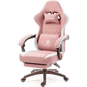 Dowinx Gaming Chair Breathable Fabric Game Chair with Gel Pad and Storage Bag, Comfortable Gamer Chair with Pocket Spring Cushion, Ergonomic Computer Chair with Footrest, Pink