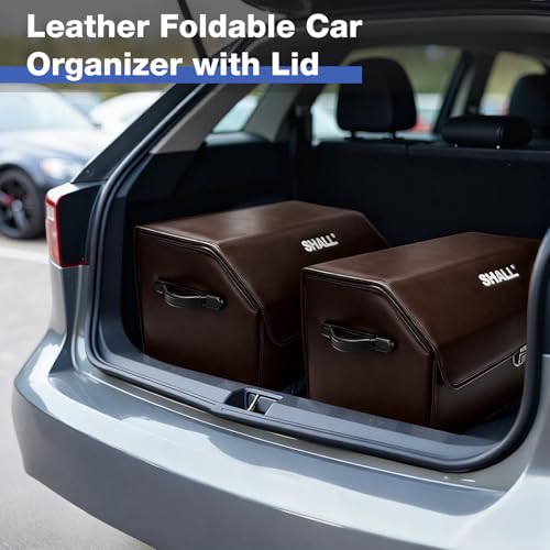 SHALL 21.5-inch Car Organizers for Trunk for SUV Sedan, Leather Foldable Storage Box with Lid for Toys Tools Snack (Brown)