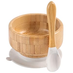 Baby Bamboo Bowls with Suction and Matching Spoon Set – 2PC Feeding Supplies Set for Infant, Toddlers – Detachable Silicone Suction Stay Put Base for Wooden Bowl – BPA Free （Marble）