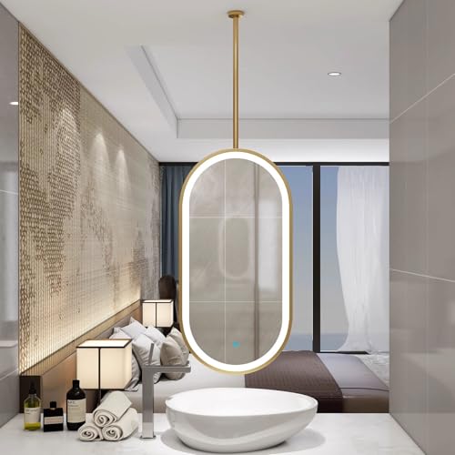 Black Metal Pole Ceiling Suspended LED Mirror Ceiling Mounted Suspended Corridor Bathroom Mirror Easy to Install for Living Room Entrance Hall(Gold,50 * 80cm/20 * 32in)