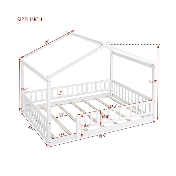 House bed full size floor bed with fence railings wooden montessori style bed frame for kids fun playhouse beds for girls boys white  urban country home decor