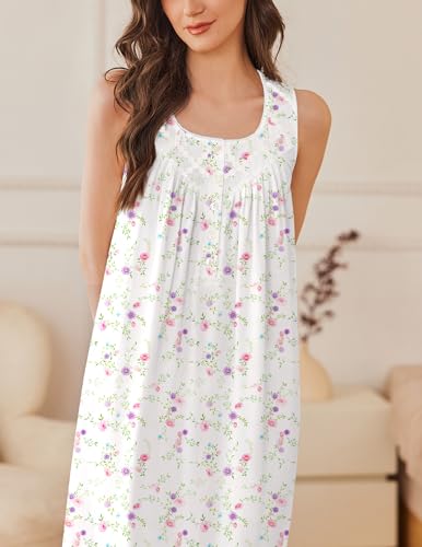 Image of Ekouaer Nightgowns for Women Cotton Long Night Gown Sleeveless Sleep Dress Victorian Nightdress Ladies Sleepwear