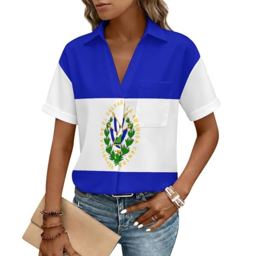 El Salvador Flag Womens Button Down Shirt Short Sleeve Blouse Business Work Tops Dressy Casual Printed Shirts 4X-Large