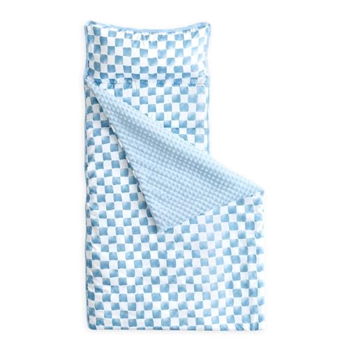 Wake In Cloud - Toddler Nap Mat with Pillow and Minky Fleece Blanket for Kids Boys Girls Ages 3 Plus in Daycare Preschool Roll Up Sleeping Bag Gingham Grid Checkered Blue White Standard