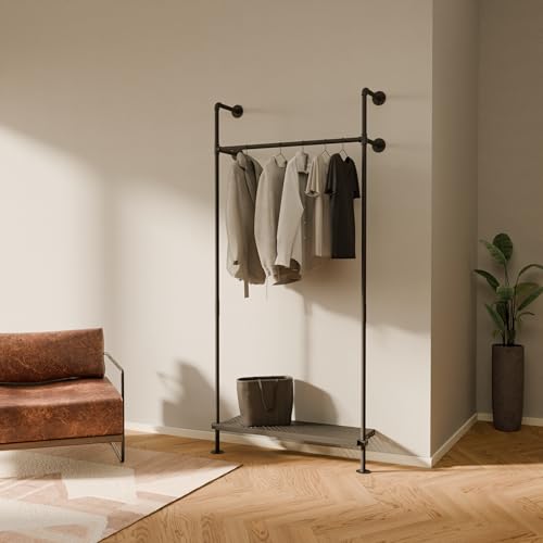 pamo Industrial Pipe Clothing Rack with Shelf - 300 lbs Capacity - Wall Mounted Clothes Rack and Walk In Closet with Metal Shelf for Wardrobe