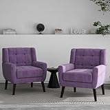 UIXE Velvet Accent Chairs Set of 2, Modern Upholstered Arm Chair for Living Room, Comfy Armchair Single Sofa Seat with Solid Wooden Legs (Purple)