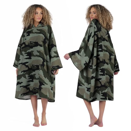 Brentfords Camo Print Towel Poncho Wrap Cover Adult Hooded Large Bath Swim Surf Beach Absorbent Microfibre Changing Dry Robe Men Quick Dry, Khaki Green