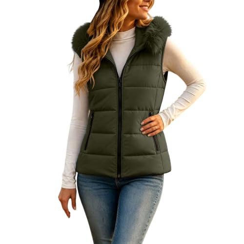 Puffer Vest Women Sleeveless Hooded Faux Fur Trim Quilted Zip Fall Winter - image 1
