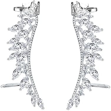 CZ Feather Crystal Cuffs Ear Crawler Climber Earrings for Women Girls 925 Sterling Silver Post Pin Dainty Statement No Piercing Wing Vine Wrap Sweep up Shiny Birthday Wedding Jewelry Gifts Bridal