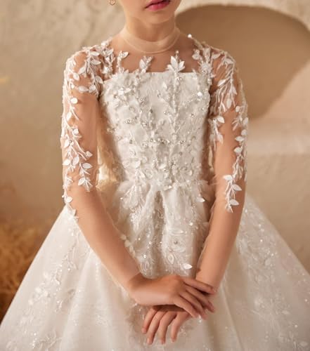 Long Sleeves Flower Girl Dresses for Wedding Tulle Appliques First Communion Dress Sweep Train3