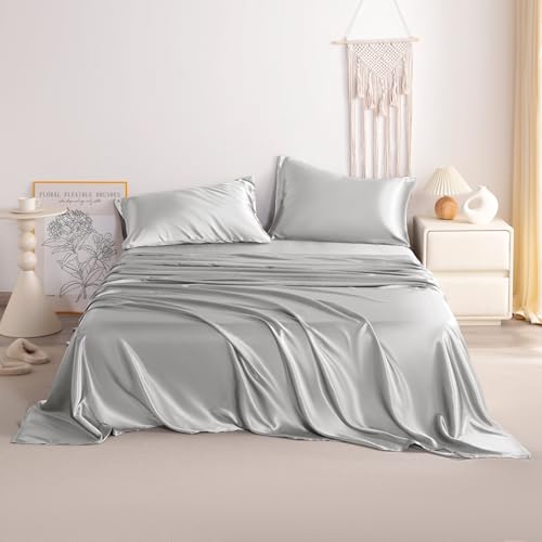 NTBAY Queen Satin Sheet Set, 4 Piece, Silver Grey - image 2