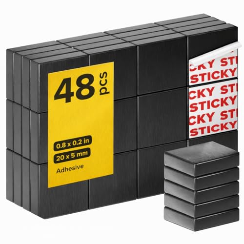Image of Strong Ceramic Square Magnets With Adhesive Backing (0.8x0.2 inch /20x5mm, 48 pcs) - Heavy Duty Sticky Magnets, Non-Corrosive, Versatile For Home, Office, Workshop, Whiteboard, Fridge And Hobby Use