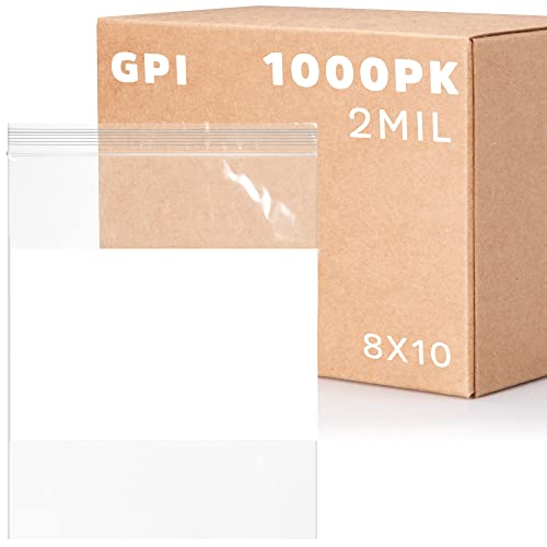 GPI Case of 1000 8" x 10" Clear Plastic Reclosable Zip Bags - Bulk 2 mil Thick Strong & Durable Poly Baggies With Resealable Zipper Top Lock & write-on white block, for storage, packaging & shipping