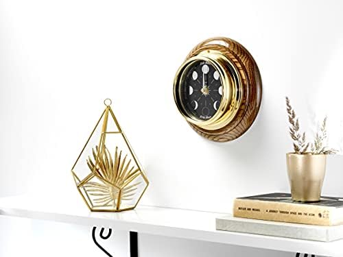 Tabic Prestige Brass Moon Phase Clock Mounted On A English Oak Mount, with jet black mirrored aluminium dial