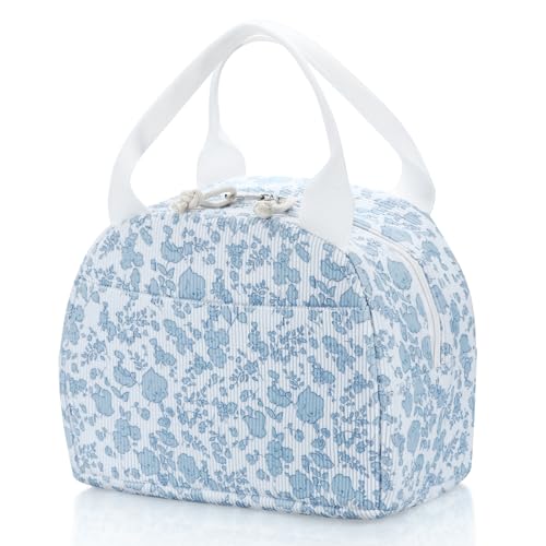 BuyCard Insulated Lunch Bag Women, Reusable Corduroy Cute Lunch Box, Leakproof Floral Lunch Tote Bag with Large Capacity, Small Cooler Lunch Container for Work Office Travel Picnic (Blue Flower)