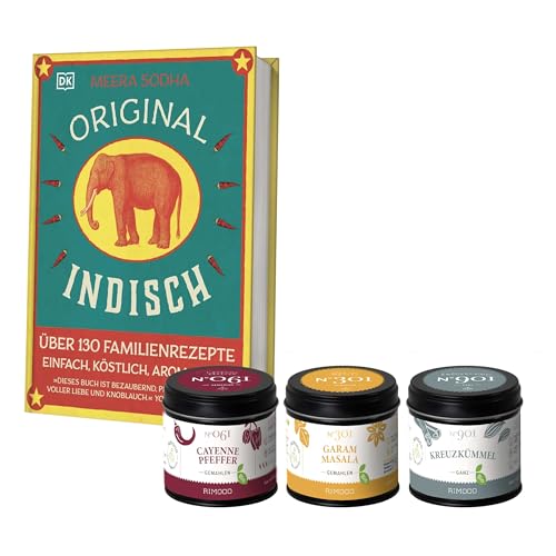 Rimoco Geschenkset Original Indisch - Set Inhalt: Original Indisch Kochbuch, Cayenne Pfeffer 70g, Garam Masala 65g, Kreuzkümmel 60g