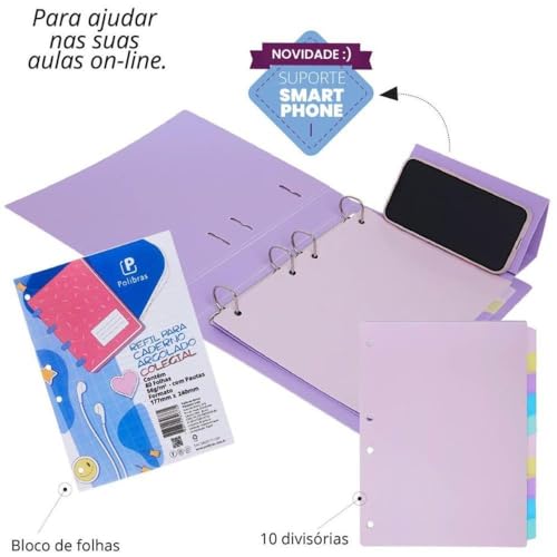 Caderno Argolado, Colegial, Capa Dura, 10 Divisórias, Lilás Pastel, Polibras