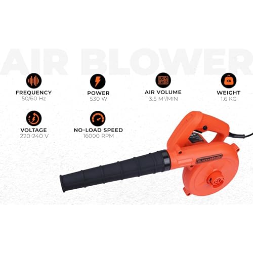 Image of BLACK+DECKER BDB530-IN 530 W Corded Electric 2-in-1 Single Speed Air Blower & Vacuum Cleaner, 16000 RPM, 3.5 m3 /min Air Volume, 3 Metre Cord Length, Ideal for DIY Activities at Home & Garden, Orange
