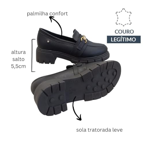 Sapato Mocassim Tratorado Preto em Couro Plataforma Conforto Cor:Preto;Tamanho:38