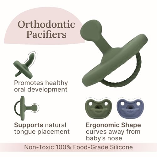 Image of Orthodontic Shape Silicone Pacifiers (Set of 2); 0 Months and up; 100% Food Grade Silicone, One Piece Design (Olive /Ocean) - Mila & Lulu