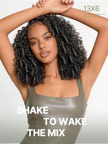 Image of Kinky Curly Half Wig 13X6 HD Lace Frontal Glueless Wig 14 Inches | Headband Wig with Unique Bouncy Curl,Veralux Fiber Blend Human Hair 200% Density Natural Black Ready to Go for Women