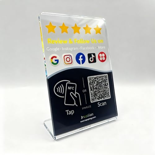 NFC Review Stand for Google & Social Media Follow Us Sign for Instagram/Facebook, NFC & QR Code Multilink Business Display to Boost Reviews & Followers, No App/No Fees