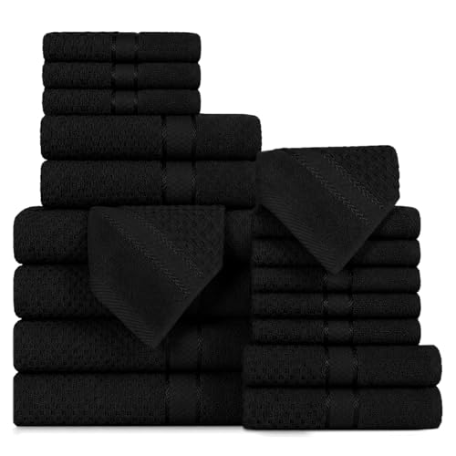 Ample Decor 100% Cotton Towel Set 18 Piece, Soft & Absorbent, Quick Dry, Bathroom Towels Set (4 Bath Towels, 4 Hand Towels, 10 Washcloths), Black