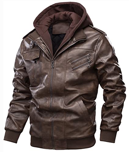 LOUECHY Men's Faux Leather Jacket Stand Collar Zip-Up Motorcycle Jacket with Removable Hood2