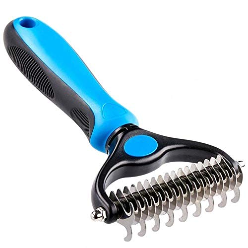 Pet Grooming Tool - 2 Sided Undercoat Rake for Cats & Dogs - Safe Dematting Comb for Easy Mats & Tangles Removing - No More Nasty Shedding and Flying Hair