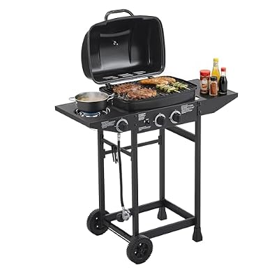 2 Burner Propane Gas Grill with Side Burner, 24,000 BTU Stainless Steel BBQ Grill with Enameled Grates,Side Tables for Outdoor Cooking (2+1 Burner)