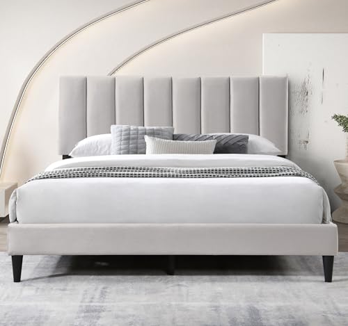 Bett 180x200 cm, Polsterbett mit Lattenrost, Bettgestell, Doppelbett mit weichem Bezug und gepolstertem Kopfteil mit vertikaler Steppung, robustes Gestell, hoher Liegekomfort | Beige | 180x200 cm