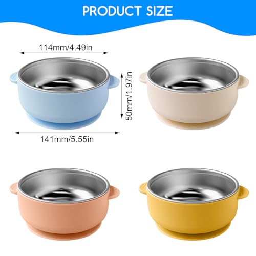 4er Set Edelstahl Baby Schüsseln mit Saugnapf, Verbrühungsschutz Baby Schalen, Abnehmbare Silikonschale, Breischale für Babybrei & Porridge, BPA Frei Auslaufsicher für Kleine Kinder (Mehrfarbig)