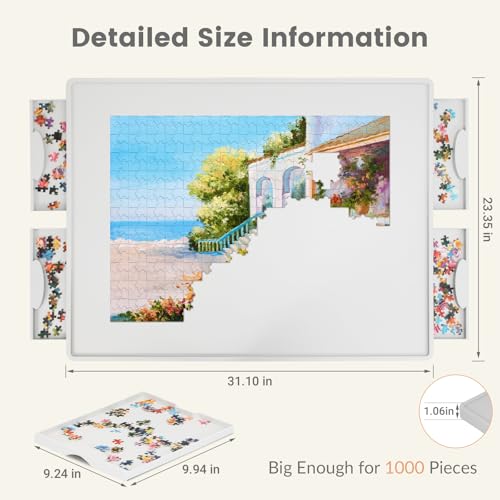 Image of ALL4JIG 1000 Pieces Rotating Lightweight Plastic Puzzle Board with 4 Drawers and Cover, 360 Lazy Susan Design, 30.20 inch x 22.44 inch Portable Spinning Puzzle Table for Adults, Surface for Lego Building