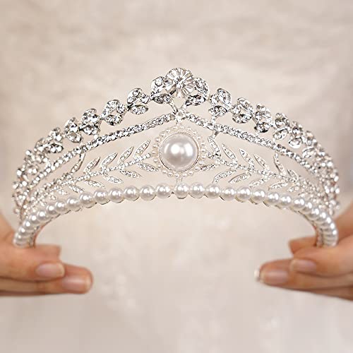 JWICOS Tiaras and Crowns for Women Pearl Wedding Tiara for Bride Baroque Queen Crown Rhinestone Hair Accessories for Birthday Pageant Prom by JWICOS - Image 2