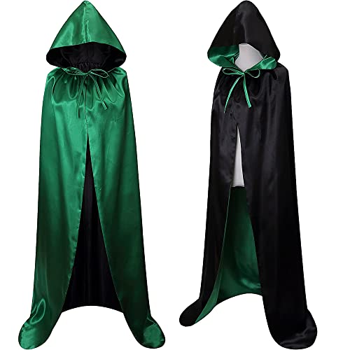 Cape noire à capuche pour costume vampire homme manteau médiéval femme pour Halloween, cape réversible noir rouge vert violet bleu pour costume de sorcière 140 cm (noir/vert)