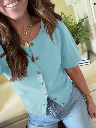 Image of Saodimallsu Womens Puff Short Sleeve Cardigan Lightweight Summer Button Down Shirts Knit Crew Neck Sweater Tops