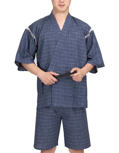 Japanese Style Kimono Pajamas, Shirt and Pant Suit, Unisex Cotton Linen Loungewear Lounge Set Spa Bathrobe Multicolor