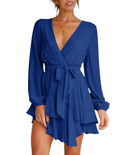 Wenrine Damen Kleider Sexy Tiefer V-Ausschnitt Freizeitkleid A Linie Rüschen Minikleid Langarm Wickelkleid mit Gürtel, Marineblau, M