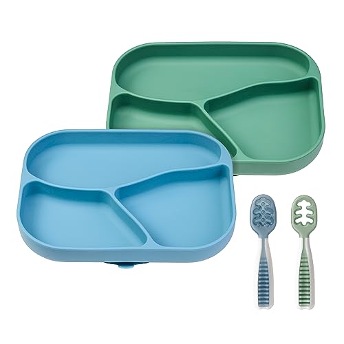 Image of NumNum Silicone Toddler Suction Plates – 100% Food Grade Divided Baby Plates, Non-Toxic, BPA-Free, Dishwasher Safe – Non-Slip Kids Plates for High Chair & Dining Table, 2 Pack + GOOtensils(Green/Blue)