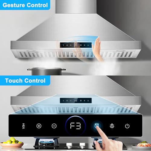 Image of 36 inch Range Hood Wall Mount, 1200 CFM with 4-Speed Gesture Sensing & Touch Control, Stainless Steel Ducted Kitchen Stove Vent Hoods with 2 LED Lights, Time Setting, Dishwasher-Safe Baffle Filters